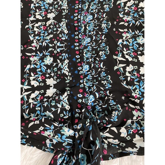 Farktop Women's Floral Blouse V Neck Tie Chiffon Shirt Size M Black Boho - Picture 5 of 11